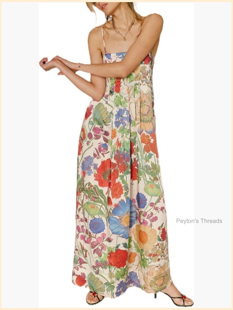 Spaghetti Strap Flowy Maxi Dress Square Neck Boho A-Line
